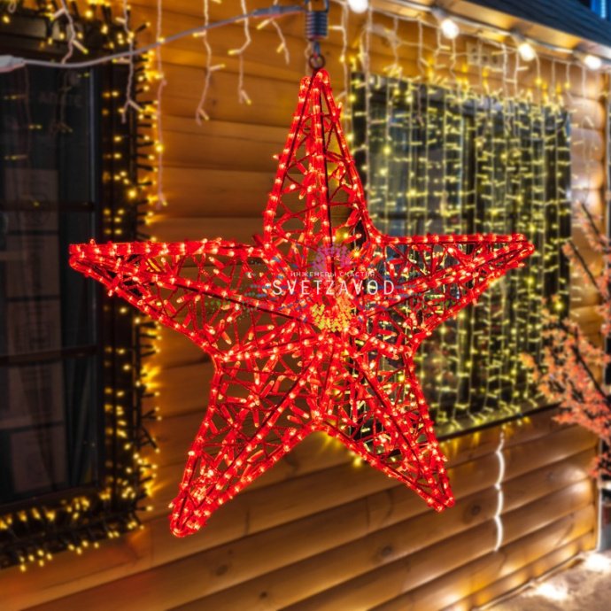 Детальное фото светодиодной звезды 80 см красного свечения с видимыми светодиодами, металлическим каркасом, трубой для установки на елку и кольцом для подвеса.