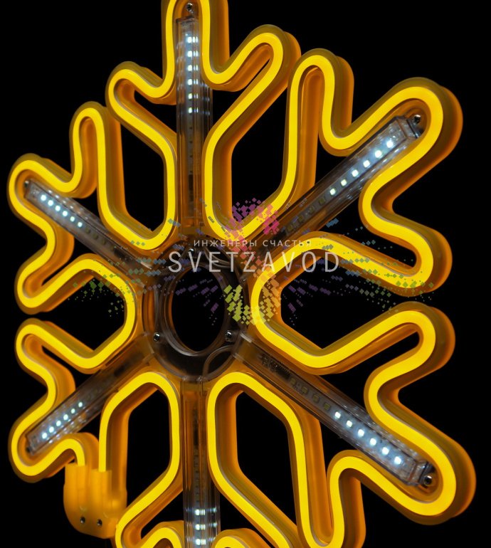 Детальное фото светодиодной снежинки 40 см желтого неонового свечения с эффектом плавно стекающих тающих сосулек, прочный пластиковый каркас, монтажное ушко, степень защиты IP65.