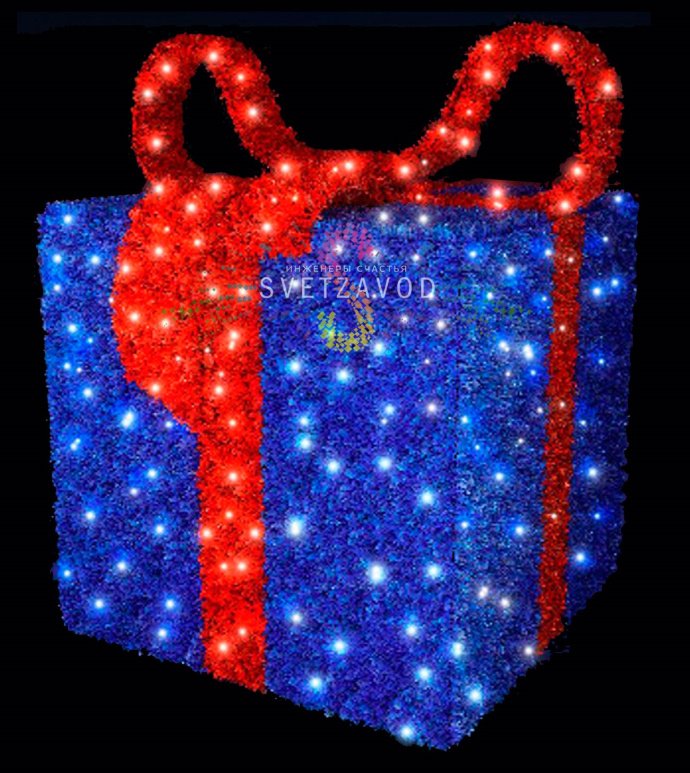 Детальное фото светодиодной фигуры «Подарок»: синий куб с красным бантом на металлическом каркасе, гирлянда с разными цветами свечения. Детальное фото светодиодной фигуры «Подарок»: синий куб с красным бантом на металлическом каркасе, гирлянда с разными цветами свечения.