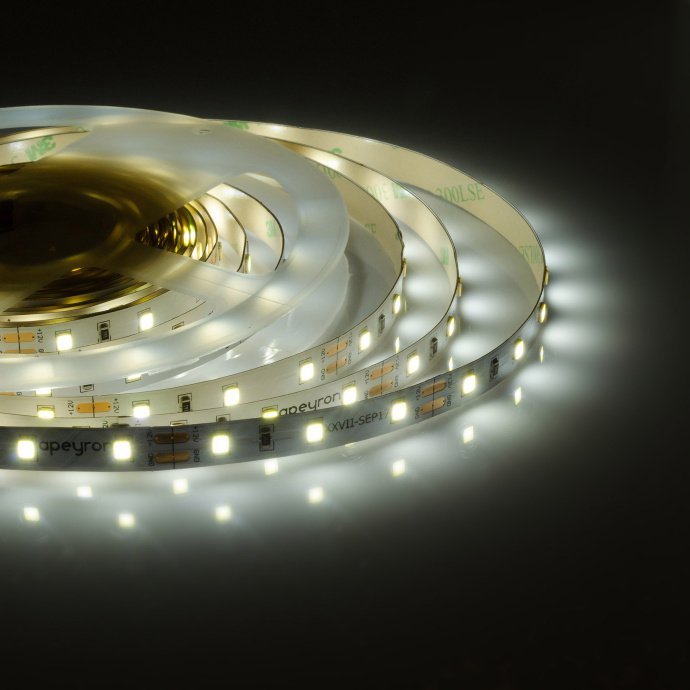 Детальное фото комплекта LED ленты холодного белого 12В, 2.5 м, 60 LED/м SMD 3528, с блоком питания и выключателем на проводе.