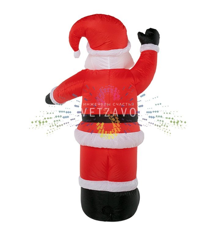 Детальное фото надувной фигуры 3D Дед Мороз приветствует. Видны прочный ПВХ материал, светодиодная подсветка, компрессор и адаптер 12В в комплекте.