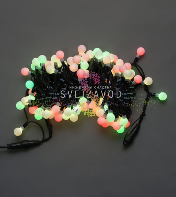 Детальное фото гирлянды Шарики SML-256: черный каучуковый шнур с 100 RGB светодиодами в шарообразных плафонах, степень защиты IP65. Детальное фото гирлянды Шарики SML-256: черный каучуковый шнур с 100 RGB светодиодами в шарообразных плафонах, степень защиты IP65.