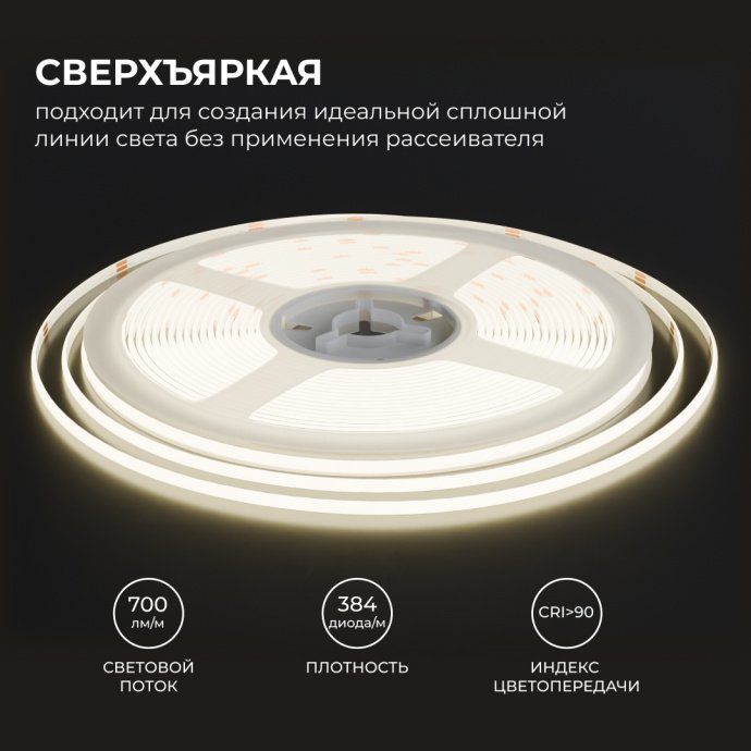 Детальное фото светодиодной ленты COB 24В 384 д/м, дневной белый 4000K, ширина 3мм, видна медная подложка, 5 метров в бухте.