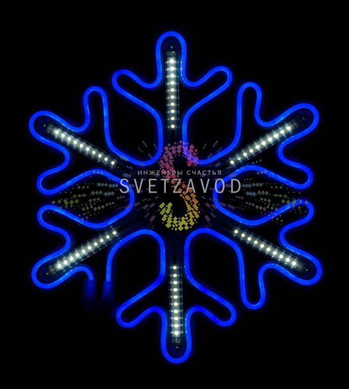 Крупный план синей светодиодной неоновой снежинки размером 40 см с эффектом плавного перелива света, имитирующего тающие сосульки, на упаковке с маркировкой IP65