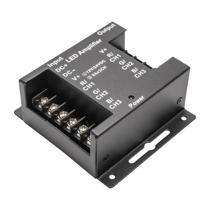 RGB усилитель 12/24В 288Вт, 3x8А, IP33, металл. Изображены клеммы подключения, размеры, маркировка Apeyron Electrics.