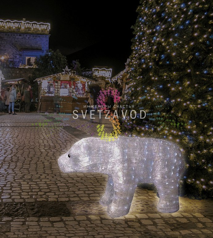 Детальное фото акриловой 3D фигуры Полярный медведь с 400 светодиодами. Видны конструкция из акрила, равномерное свечение и штатные крепления.