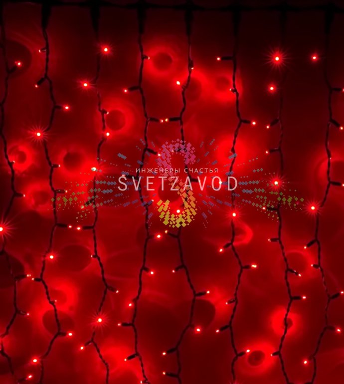 Детальное фото светодиодного дождя 2х9м: горизонтальный шлейф 2м с 20 нитями по 9м, черный провод ПВХ, красные светодиоды.