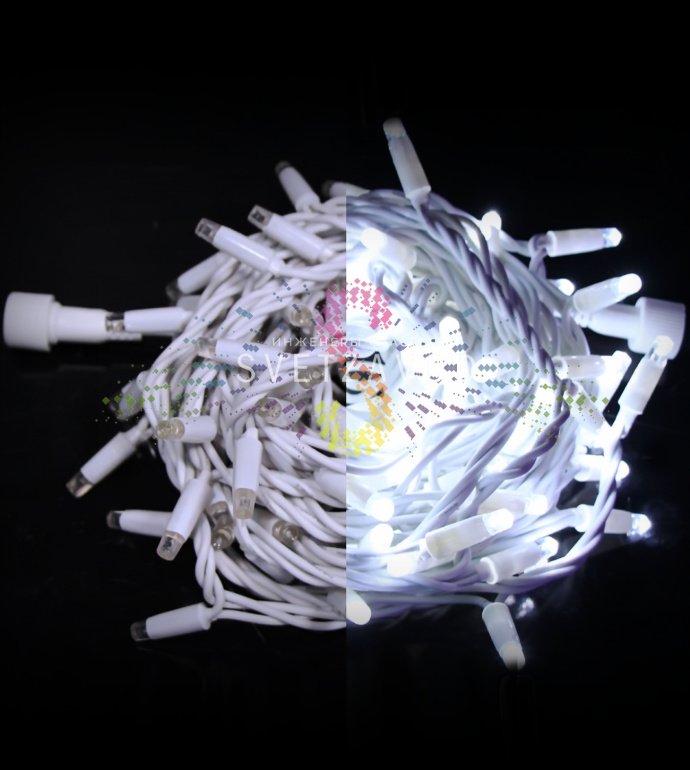 Детальное фото гирлянды-нити Стринг Лайт Rich Led: резиновый белый провод, светодиоды с защитными колпачками, расстояние между диодами 10 см.