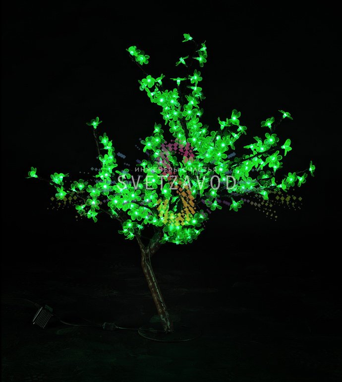Детальное фото светодиодного куста Сакуры: гибкие ветви с 224 светодиодами, зеленое свечение, основание и блок питания 24В.