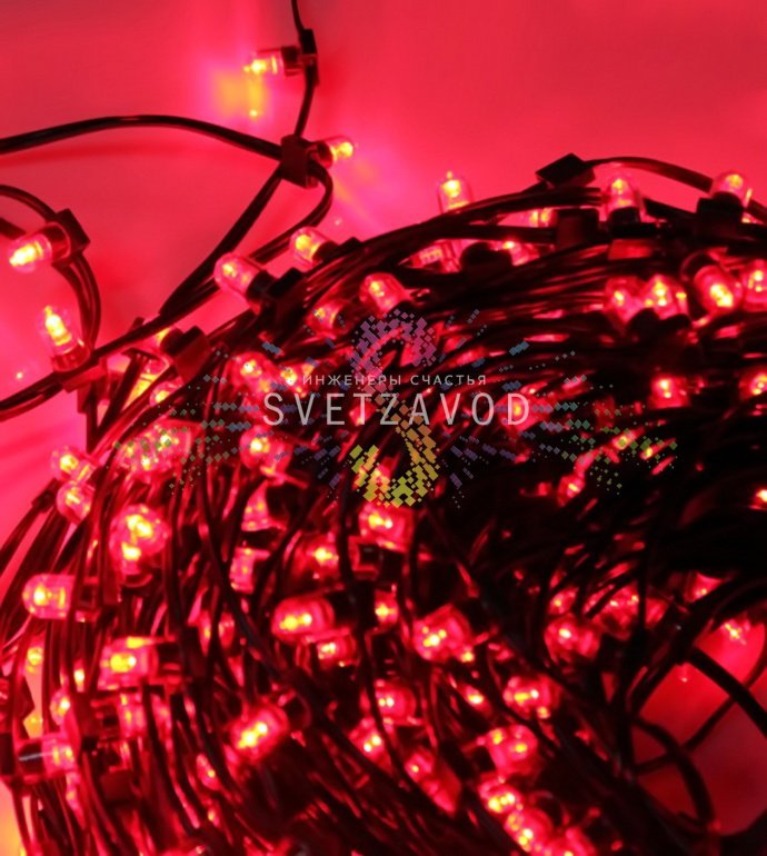 Крупный план светодиодной гирлянды Клип Лайт 12В красного свечения с защитными колпачками на каждом диоде, темно-зеленый ПВХ кабель.