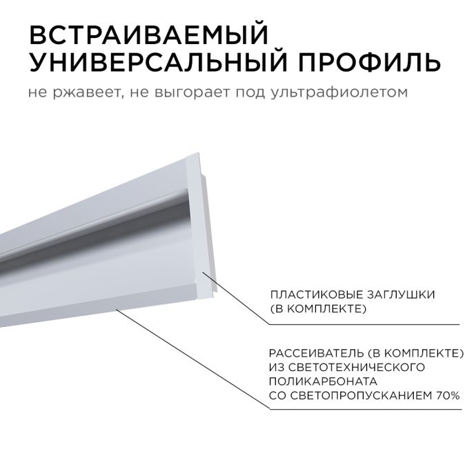 Алюминиевый встраиваемый профиль серебристого цвета для LED ленты, длина 2м, с матовым белым рассеивателем, IP44, анодированный.