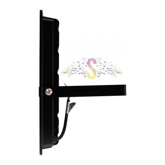 Крупный план светодиодного прожектора REXANT 200Вт в черном алюминиевом корпусе с креплением и стеклянным рассеивателем