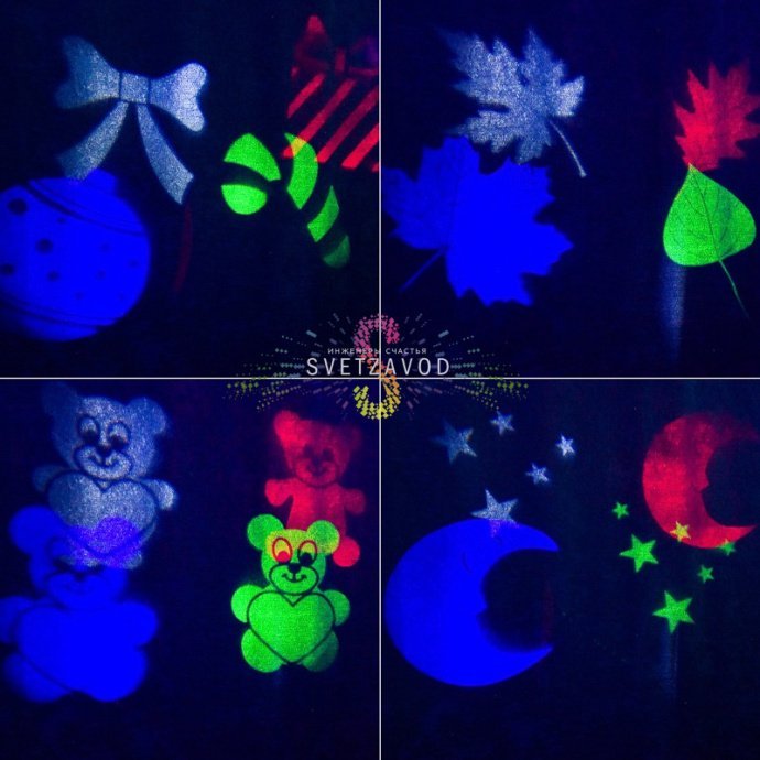 Детальное фото светодиодного проектора Neon-Night: черный корпус из АБС-пластика, разъемы, блок питания и набор из 12 слайдов с различными тематическими проекциями.