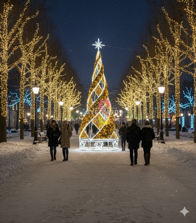 Крупный план светодиодной елки Конус с золотой мишурой, стальным каркасом и теплым белым свечением, установленной на улице.