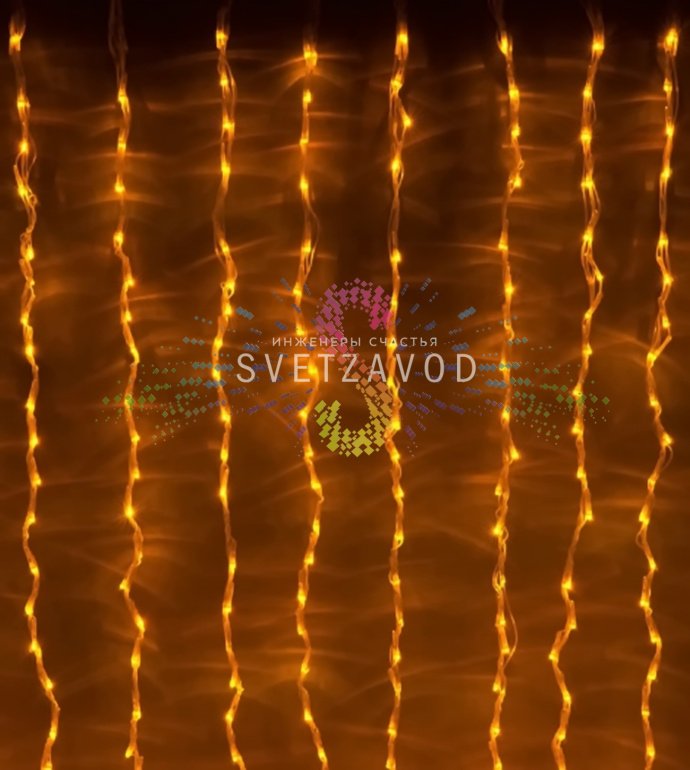 Детальное фото светодиодного дождя SPL-905: желтые светодиоды на прозрачных проводах, контроллер, коннекторы для соединения.