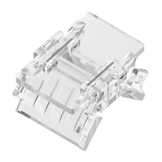 Коннектор 2 pin прокалывающий для соединения LED ленты 10мм, тип SMD, COB, IP20 на белом фоне с подсоединённой лентой