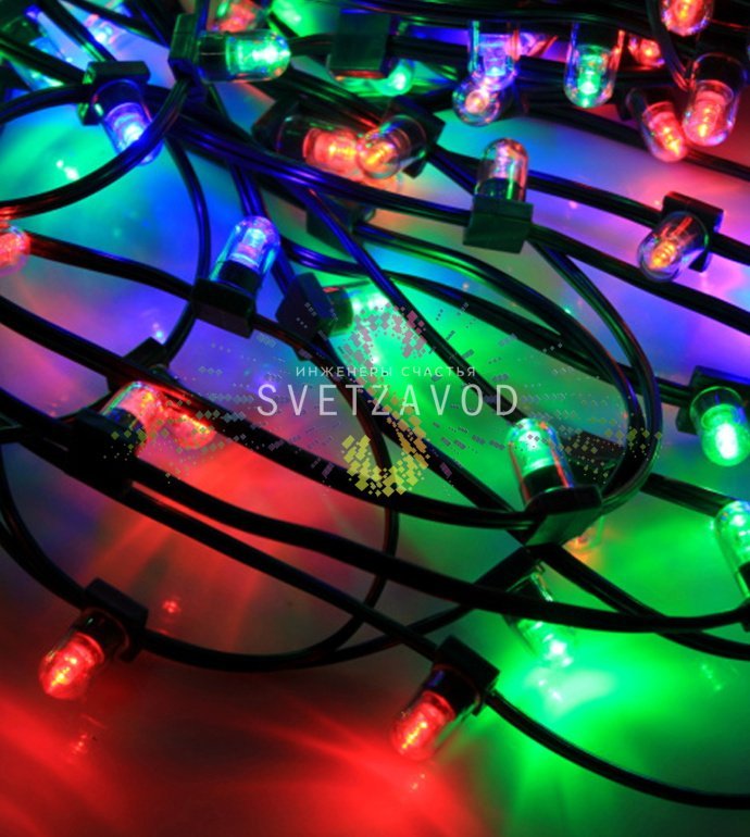 Детальное фото светодиодной гирлянды Клип Лайт 12В, фиксинг, мульти, 666 LED, 100м, темно-зеленый ПВХ, с защитными колпачками на диодах, степень защиты IP64