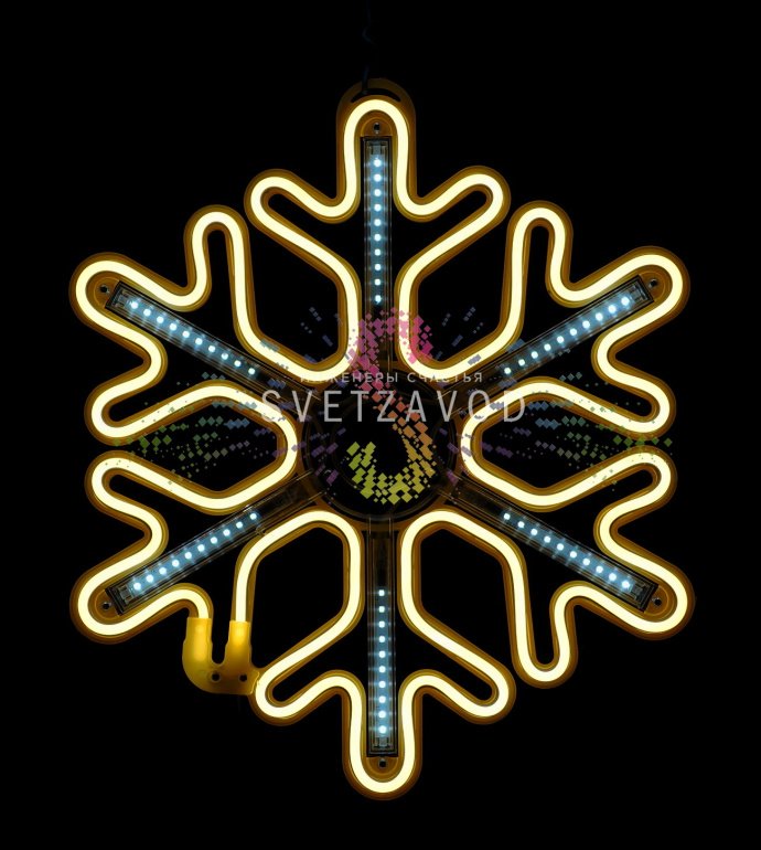 Крупный план светодиодной снежинки из гибкого неона с эффектом динамичной подсветки 'тающие сосульки', предназначенной для уличного и интерьерного использования.