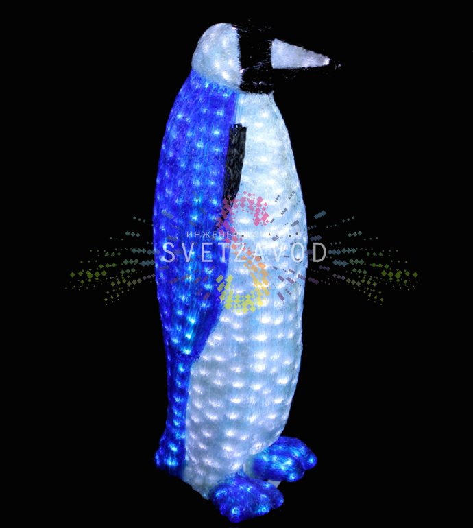 Детальное фото акриловой 3D фигуры Королевский пингвин с 1296 светодиодами. Видны металлический каркас, крепежные отверстия и блок питания 24В.