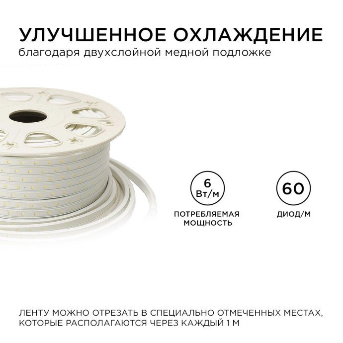 Детальное фото ленты 220В тёплый белый 3000К, SMD2835, IP65, длина 50м, на белой основе.