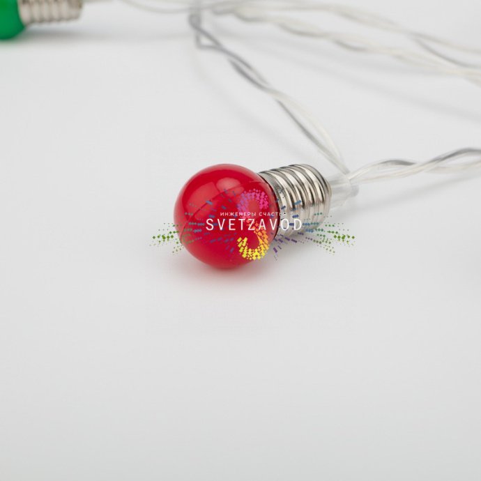 Детальное фото гирлянды Neon-Night: 10 разноцветных светодиодов на прозрачном ПВХ-проводе длиной 1.5 метра, питание от 2-х батареек АА.