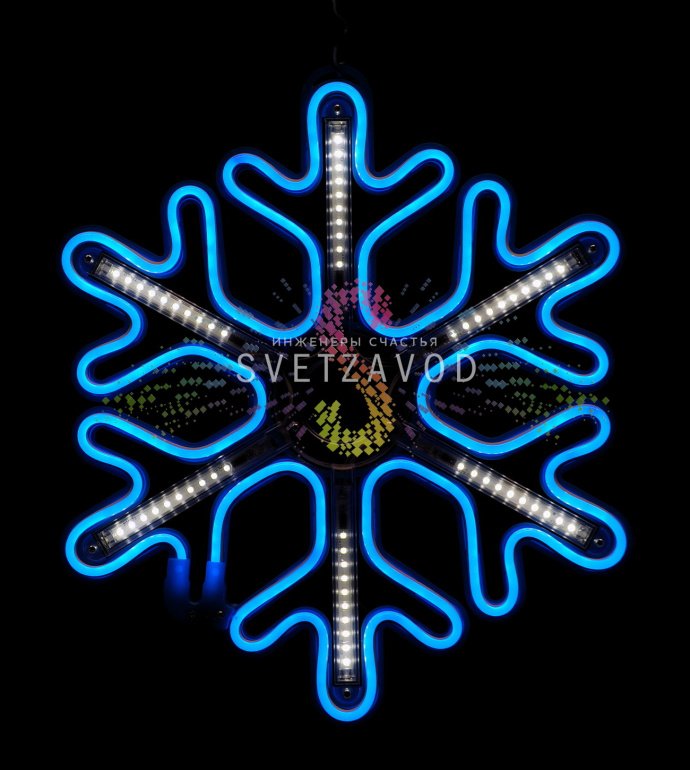 Крупный план синей светодиодной неоновой снежинки размером 40 см с эффектом плавного перелива света, имитирующего тающие сосульки, на упаковке с маркировкой IP65