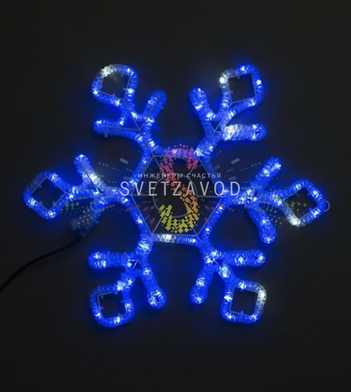 Крупный план синей светодиодной снежинки SZV-368 размером 60,5х52 см с видимыми светодиодами и металлическим каркасом, готовой для монтажа. Крупный план синей светодиодной снежинки SZV-368 размером 60,5х52 см с видимыми светодиодами и металлическим каркасом, готовой для монтажа.