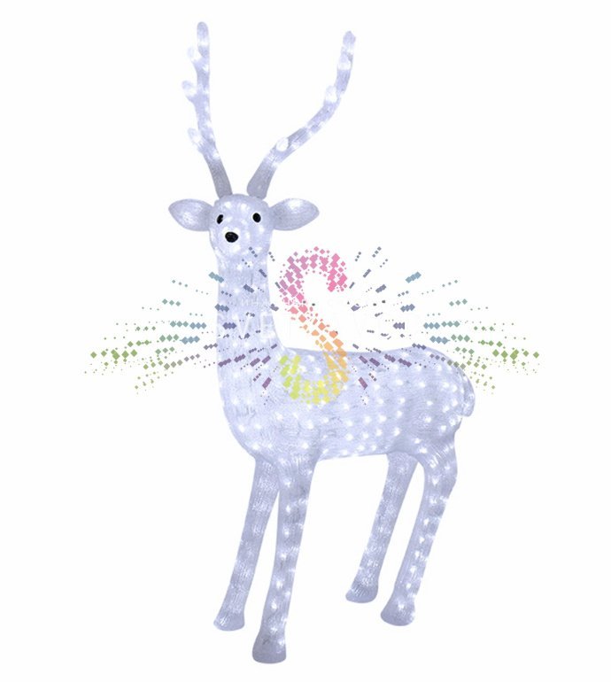 Детальное фото акриловой 3D-фигуры Северный олень с 380 светодиодами, металлическим каркасом и блоком питания 24В. Видны крепления для уличного монтажа. Детальное фото акриловой 3D-фигуры Северный олень с 380 светодиодами, металлическим каркасом и блоком питания 24В. Видны крепления для уличного монтажа.