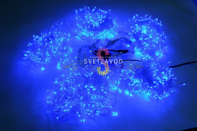 Детальное фото Клип Лайт Спайдер SSP-302: синие светодиоды на прозрачном проводе ПВХ, блок питания, упаковка.