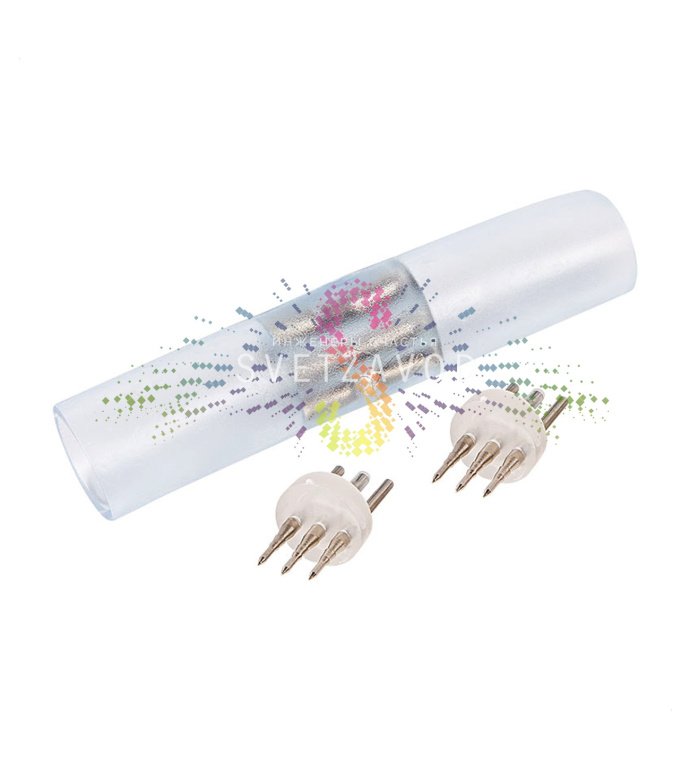 Крупный план I-образного коннектора для дюралайта диаметром 13 мм, рядом лежат две монтажные иглы.