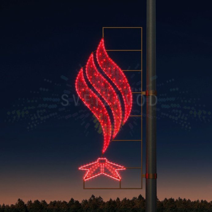 Детальное фото светодиодной консоли Вечный огонь для 9 мая: металлический каркас, светодиоды, крепления, габариты 168х64х3 см.