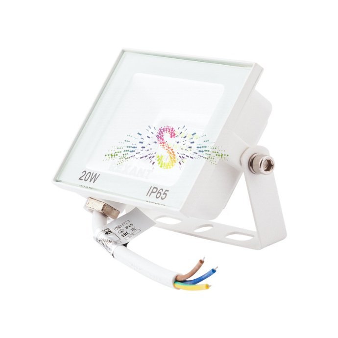 Белый светодиодный прожектор REXANT 20Вт с теплым свечением, алюминиевым корпусом, степенью защиты IP65 и накладным креплением.