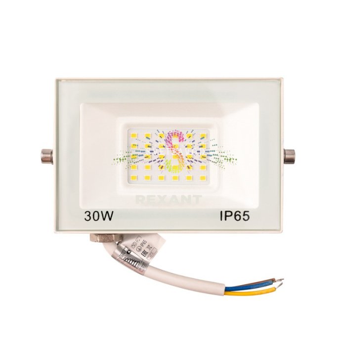 Светодиодный уличный прожектор REXANT 30Вт в белом алюминиевом корпусе с защитой IP65, закаленным стеклом и кронштейном для настройки угла.