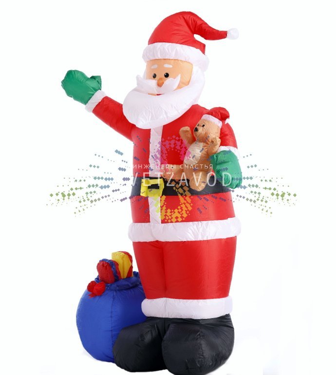 Детальное фото надувной фигуры 3D Дед Мороз с медвежонком: видна объемная конструкция, яркая светодиодная подсветка, компрессор и элементы крепления в комплекте
