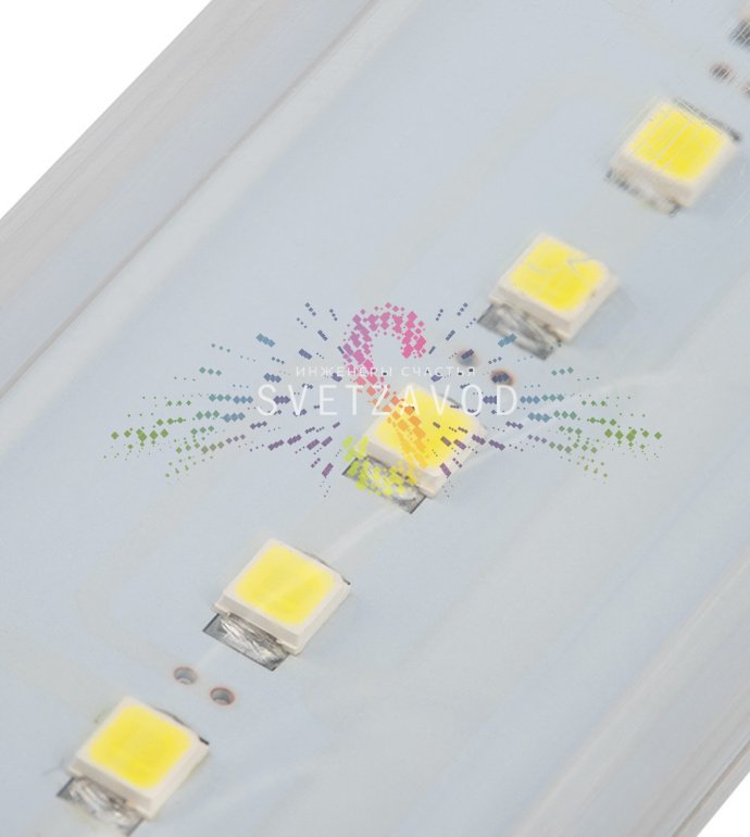 Детальное фото светодиодной сосульки Neon-Night длиной 50 см с цоколем E27, демонстрирующее двустороннее расположение 96 светодиодов внутри прозрачной трубки.