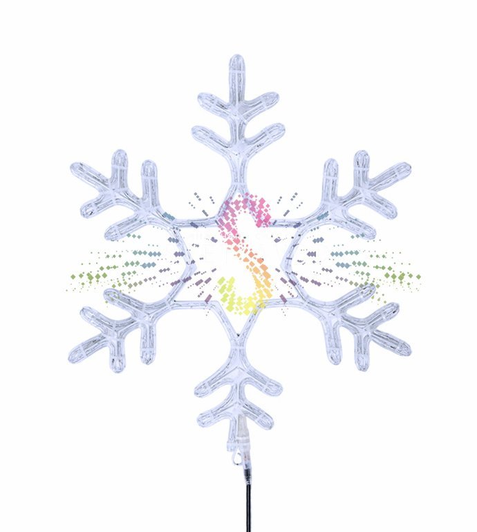 Детальное фото светодиодной снежинки 55см на металлическом каркасе, с вилкой и ушком для монтажа, для уличного и домашнего использования.