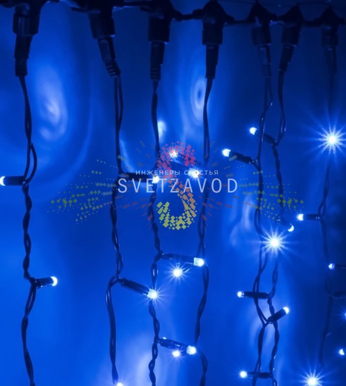 Детальное фото светодиодного дождя 2х3м: черный ПВХ-корпус, 20 вертикальных нитей по 3 метра с синими светодиодами, коннекторы для соединения.