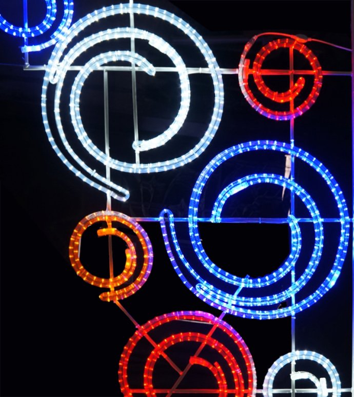 Светодиодная консоль Галактика 200х120 см мультицвет с кругами белого, синего, красного и оранжевого цвета