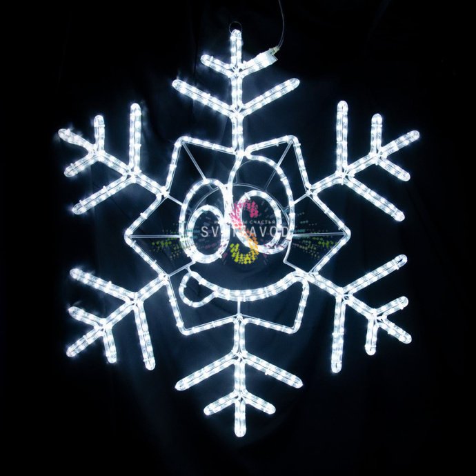 Крупный план светодиодной фигуры Снежинка-смайлик №3, 103 см, с металлическим каркасом и белым холодным свечением дюралайта.