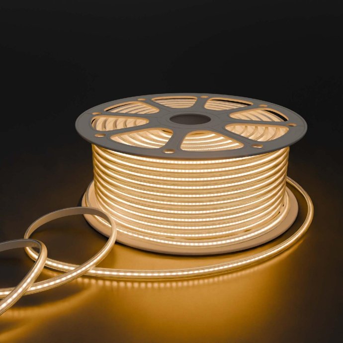 Светодиодная лента 220В COB с теплым белым свечением 3000К, 288LED/м, в прозрачной ПВХ оболочке, уличная IP65, длина 50 метров.