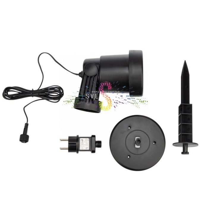 Крупный план черного светодиодного проектора Neon-Night на столе, демонстрирующий корпус из АБС-пластика и разъемы.