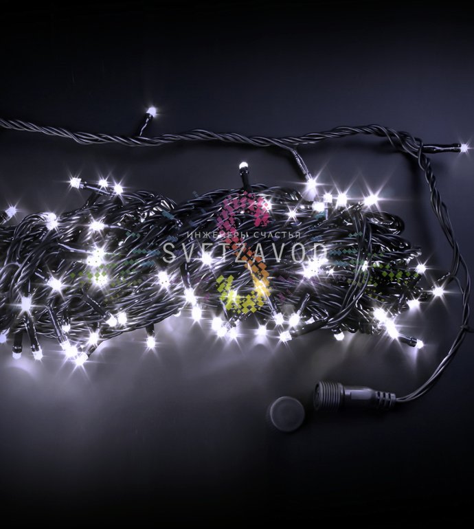 Гирлянда-нить Твинкл Лайт Rich Led длиной 20 метров с черным ПВХ проводом и белыми светодиодами, упакованная в коробку