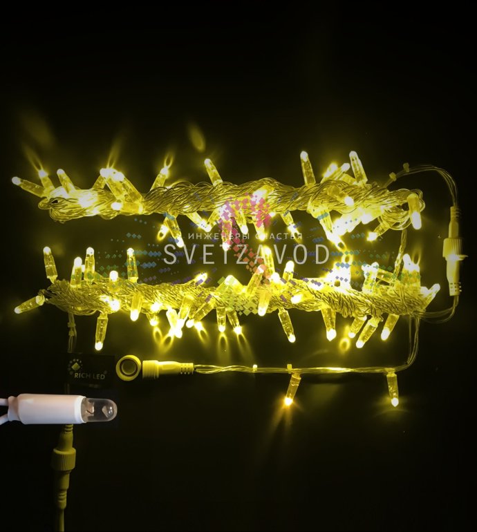 Детальное фото гирлянды-нити Стринг Лайт Rich Led SGG-622: желтые светодиоды DIP на прозрачном ПВХ проводе, защитные колпачки, степень защиты IP65.