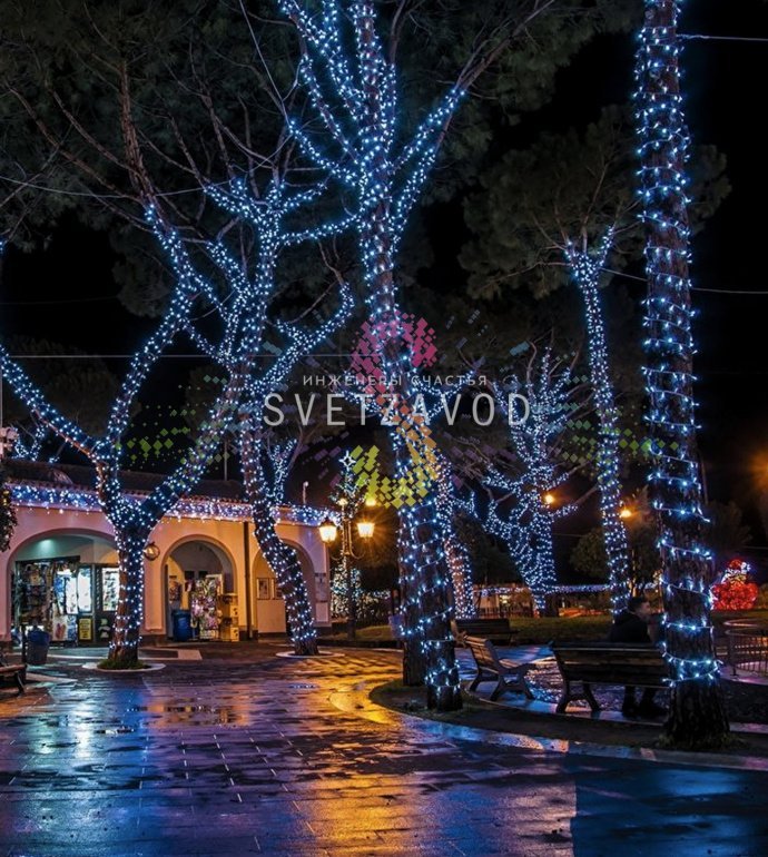 Детальное фото комплекта Клип Лайт Спайдер: 5 нитей по 20 метров на прозрачном проводе, блок питания, разветвитель. Видны светодиоды.