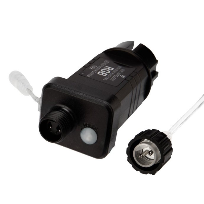 Детальное фото умной гирлянды Дождь Neon-Night: видны прозрачные провода, 180 RGB светодиодов, блок питания и шнур подключения.