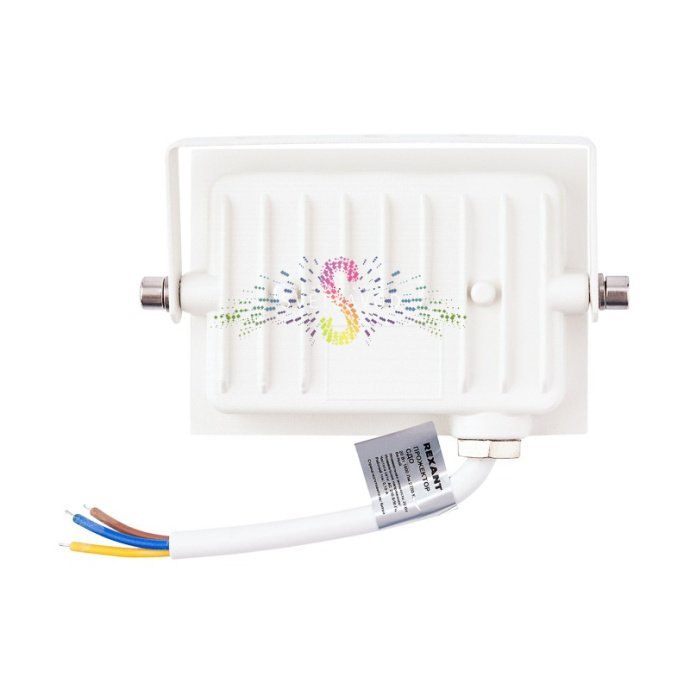 Белый светодиодный прожектор REXANT 20Вт с теплым свечением, алюминиевым корпусом, степенью защиты IP65 и накладным креплением.