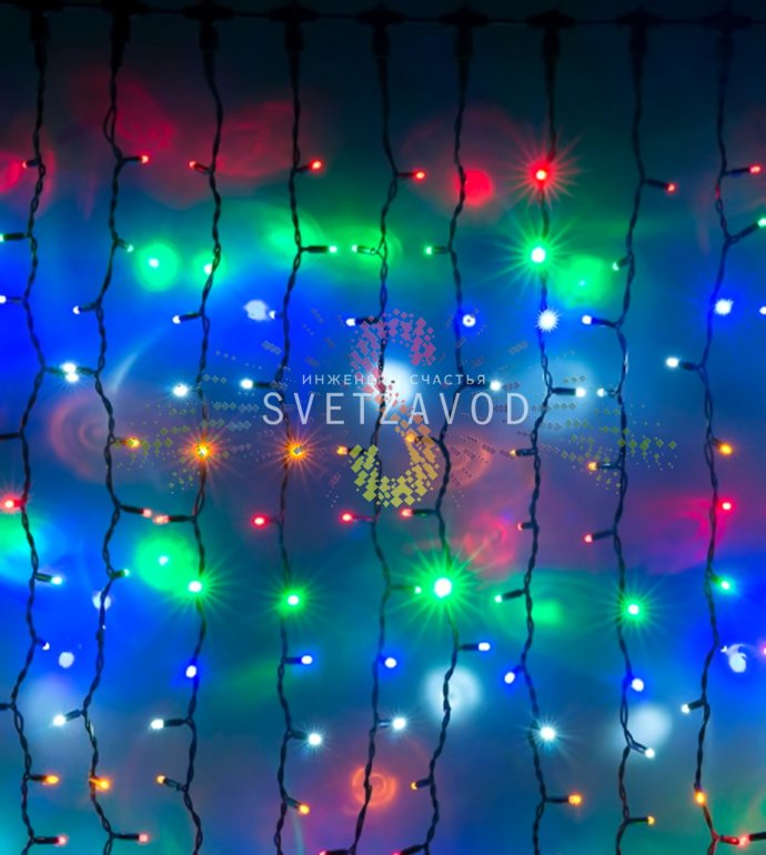 Детальное фото светодиодного занавеса Дождь 2х3м: черный ПВХ шлейф, 20 нитей по 3м с 740 диодами, коннекторы для соединения.