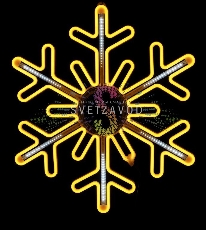 Детальное изображение светодиодной снежинки из неона на пластиковом каркасе, демонстрирующее эффект стекающей капли (тающая сосулька). Детальное изображение светодиодной снежинки из неона на пластиковом каркасе, демонстрирующее эффект стекающей капли (тающая сосулька).
