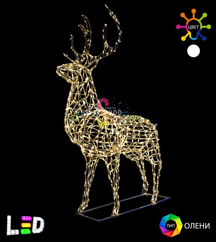 Детальное фото светодиодной фигуры оленя 'Гордый олень' размером 190х170х50 см с металлическим каркасом и гирляндой IP65, установленной на подиуме.