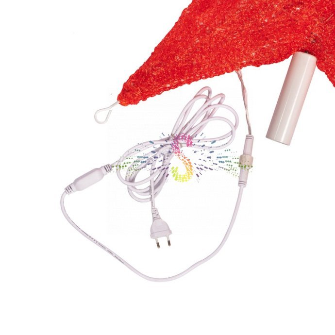 Крупный план красной акриловой светодиодной звезды Neon-Night с яркой равномерной подсветкой от 210 светодиодов, съемной трубкой для крепления и подвесом.